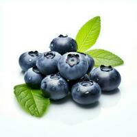 Fresh blueberries with leaves isolated on white background. AI-Generative photo