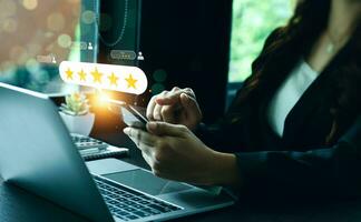 Customer review satisfaction feedback survey concept. Business people rate service experience and product quality or staff friendliness and overall value for the price. information, amend, improve photo