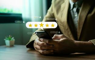 Customer review satisfaction feedback survey concept. Business people rate service experience and product quality or staff friendliness and overall value for the price. information, amend, improve photo