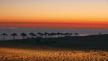 Golden Beach Twilight. Umbrella Silhouettes, Clouds, and Car Light on Sand photo