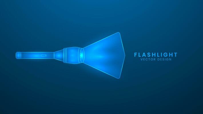 Flashlight, electric lamp, battery powered. Vector illustration with light effect and neon