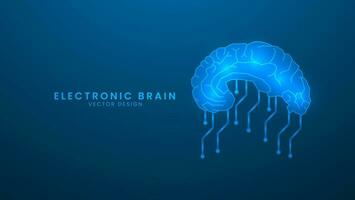 Human brain with electronic circuit board. Artificial Intelligence and Machine Technology Concept. Vector illustration with light effect and neon