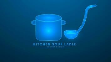 Kitchen soup ladle. Kitchen equipment and cutlery for cooking. Vector illustration with light effect and neon