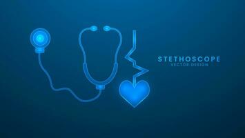 Medical stethoscope for heart rate. Healthcare and medicine concept. Vector illustration with light effect and neon