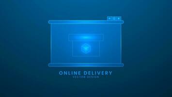 Online delivery package. Online delivery service concept. Vector illustration with light effect and neon
