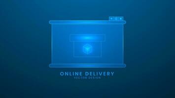 Online delivery package. Online delivery service concept. Vector illustration with light effect and neon