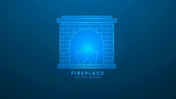 The old brick fireplace with hot fire inside. Vector illustration with light effect and neon