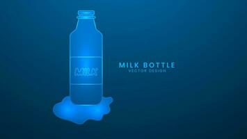 Glass bottle of natural milk with a drop milk label. Vector illustration with light effect and neon