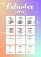 2024 table calendar year.week start on sunday with gradient style that use for vertical digital and printable A4 A5 size vector