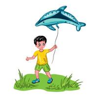 A boy with a fish-shaped balloon in his hands. Vector illustration on a children's theme. Design element for greeting cards, invitations, themed banners, book illustrations.