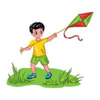 un chico moscas un cometa en un verde césped. vector ilustración en un para niños tema. diseño elemento para saludo tarjetas, invitaciones, temática pancartas, libro ilustraciones.