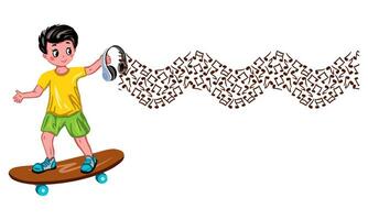 A boy on a skateboard with musical headphones in his hands. Vector illustration on a children's theme. Design element for greeting cards, invitations, themed banners, book illustrations.