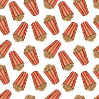 Popcorn in a striped basket, seamless pattern. Vector illustration. Design element for greeting cards, invitations, covers, textiles, wrapping paper.