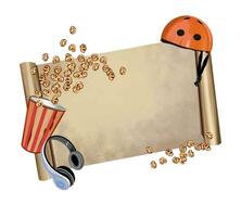 Roll of paper, helmet, popcorn, headphones. Template for inserting text. Vector illustration. Design element for greeting cards, invitations, covers, flyers, banners, posters.