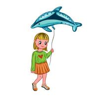 un niña con un en forma de pez globo en su manos. vector ilustración en un para niños tema. diseño elemento para saludo tarjetas, invitaciones, carteles, pancartas, libro ilustraciones.