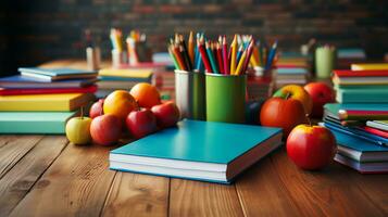 Books textbooks notebooks pencils and pens with apples for studying and learning on the surface of the school table photo