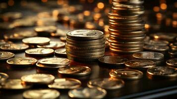 oro monedas y dinero son dispersado en el mesa. concepto de riqueza y ahorro dinero foto