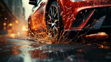 Car wheel with new tires during rain on a wet road with puddles photo
