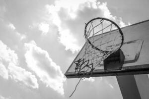 Basketball hoop on blue sky photo