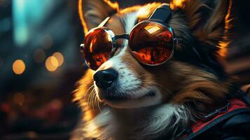 Beautiful fluffy corgi dog in sunglasses lies resting in the sun photo