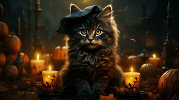 Black cat and scary Halloween decorations photo