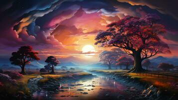 Abstract multi-colored fairy-tale trees against the background of a river and fields at sunset photo