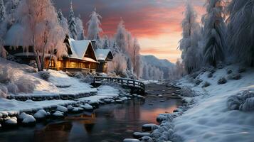 Nevado invierno acogedor casas para nuevo año y Navidad naturaleza foto