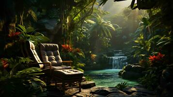 Relaxation room with armchairs and sofas against the backdrop of the jungle and tropical forest photo