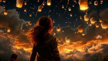 Beautiful woman and glowing flying lanterns view from the back photo