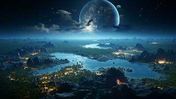 hermosa superficie de un distante extraterrestre planeta con Luna y montañas foto