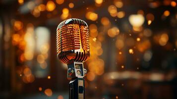 Beautiful metal chrome retro microphone for singing and karaoke on a blurred background photo