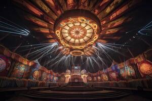 Image from inside a large circus illuminated by beautiful lights in its most incredible presentation photo