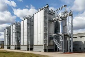 moderno granero ascensor y semilla limpieza línea. plata silos en agroprocesamiento y fabricación planta foto