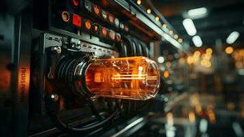 A burning light bulb with a coiled filament. Modern technology concept photo