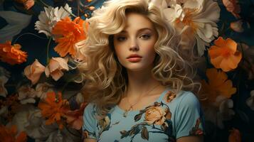 Beautiful woman on a background of flowers, face close-up photo