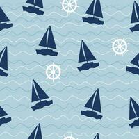 Marine seamless pattern with sailboat and steering wheel vector