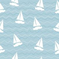Seamless pattern with sailboats and waves on blue background vector