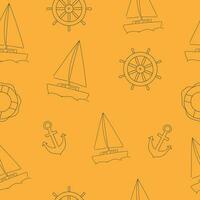 Seamless pattern with sailboat, anchor and steering wheel on yellow background vector