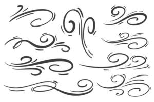 Wind and air motion lines. Hand drawn cartoon scetch. Doodle swirl waves of smoke. Spiral curve breeze flow. Vector art