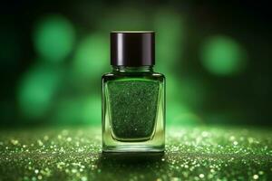 Ai Generative Photo of a green nail polish bottle on green glitter background