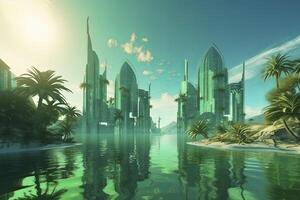 futuristic area of the city near the sea.AI generated photo