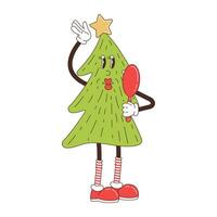 Retro cartoon Christmas tree character. Merry Christmas and Happy New year in trendy groovy hippie style. vector