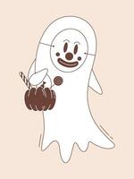 fantasma vistiendo un payaso máscara con calabaza cesta lleno de dulces. Víspera de Todos los Santos fantasma personaje en maravilloso estilo. vector