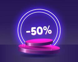 Discount pink 3d podium floating in the air with neon rings on background. Stage podium with lighting. vector