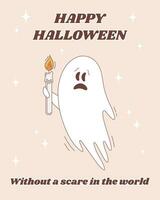 Halloween greeting poster in groovy style. Halloween ghost character. Scared flying ghost character with candle. vector