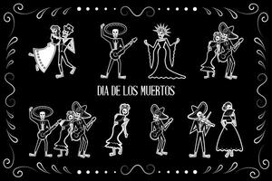 Day of the Dead skeleton sticker set. Dia de los Muertos skeleton characters. vector