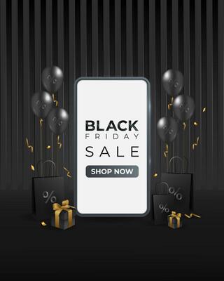 Vector illustration of mobile phone with black friday sale text. 3d realistic smartphone illustration with decoration of shopping bags, balloons, gifts and confetti in black and gold colours.