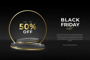 Black and gold background with realistic 3D floating cylinder podium. Modern vector podium with text. Black friday sale scene for products showcase.