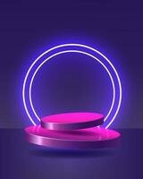 Empty pink podium floating in the air with neon rings on background. Stage podium with lighting. vector