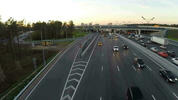 Flying over the city highway in the evening video